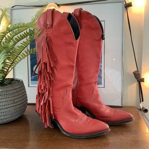 Vintage Red Leather Fringed Cowboy Boots